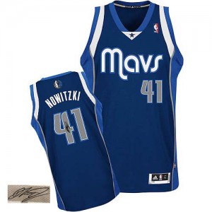 Dallas Mavericks Dirk Nowitzki #41 Alternate Autographed Authentic Maillot d'équipe de NBA - Bleu marin pour Homme