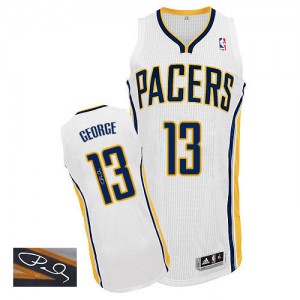 Maillot NBA Indiana Pacers #13 Paul George Blanc Adidas Authentic Home Autographed - Homme