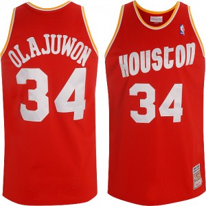 Maillot NBA Houston Rockets #34 Hakeem Olajuwon Rouge Mitchell and Ness Authentic Throwback - Homme