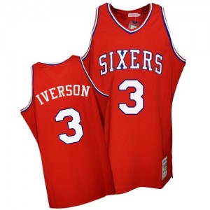 Maillot NBA Rouge Allen Iverson #3 Philadelphia 76ers Throwback Authentic Homme Mitchell and Ness