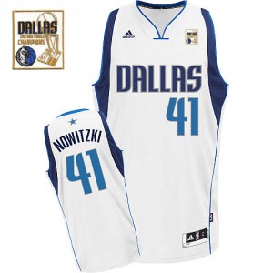 Maillot NBA Dallas Mavericks #41 Dirk Nowitzki Blanc Adidas Swingman Home Champions Patch - Homme