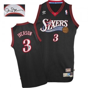 Maillot NBA Philadelphia 76ers #3 Allen Iverson Noir Adidas Authentic 1997-2009 Throwback Autographed - Homme