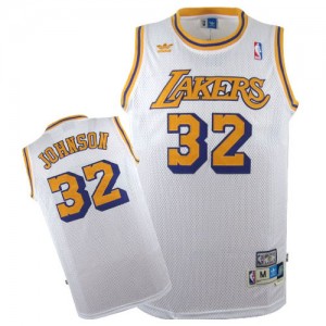 Maillot NBA Los Angeles Lakers #32 Magic Johnson Blanc Mitchell and Ness Swingman Throwback - Homme