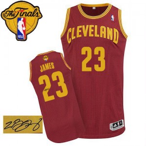 Maillot NBA Cleveland Cavaliers #23 LeBron James Vin Rouge Adidas Authentic Road Autographed 2015 The Finals Patch - Homme