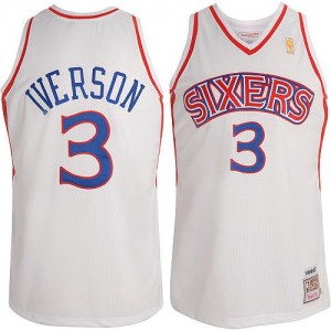 Maillot NBA Blanc Allen Iverson #3 Philadelphia 76ers Throwback Authentic Homme Mitchell and Ness