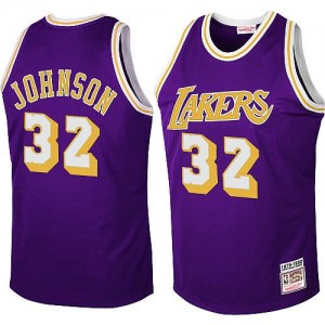 Maillot NBA Violet Magic Johnson #32 Los Angeles Lakers Throwback Swingman Homme Mitchell and Ness